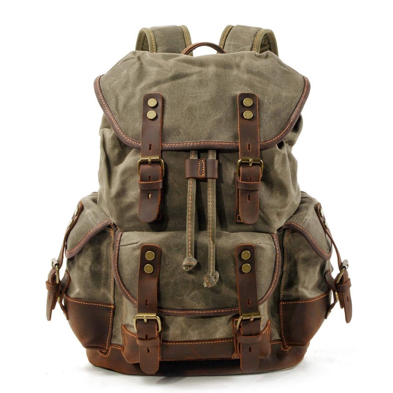 WUDON Men Travel Backpack, Genuine Leather-Waxed Canvas Shoulder Hiking Rucksack (Green) - Image 1